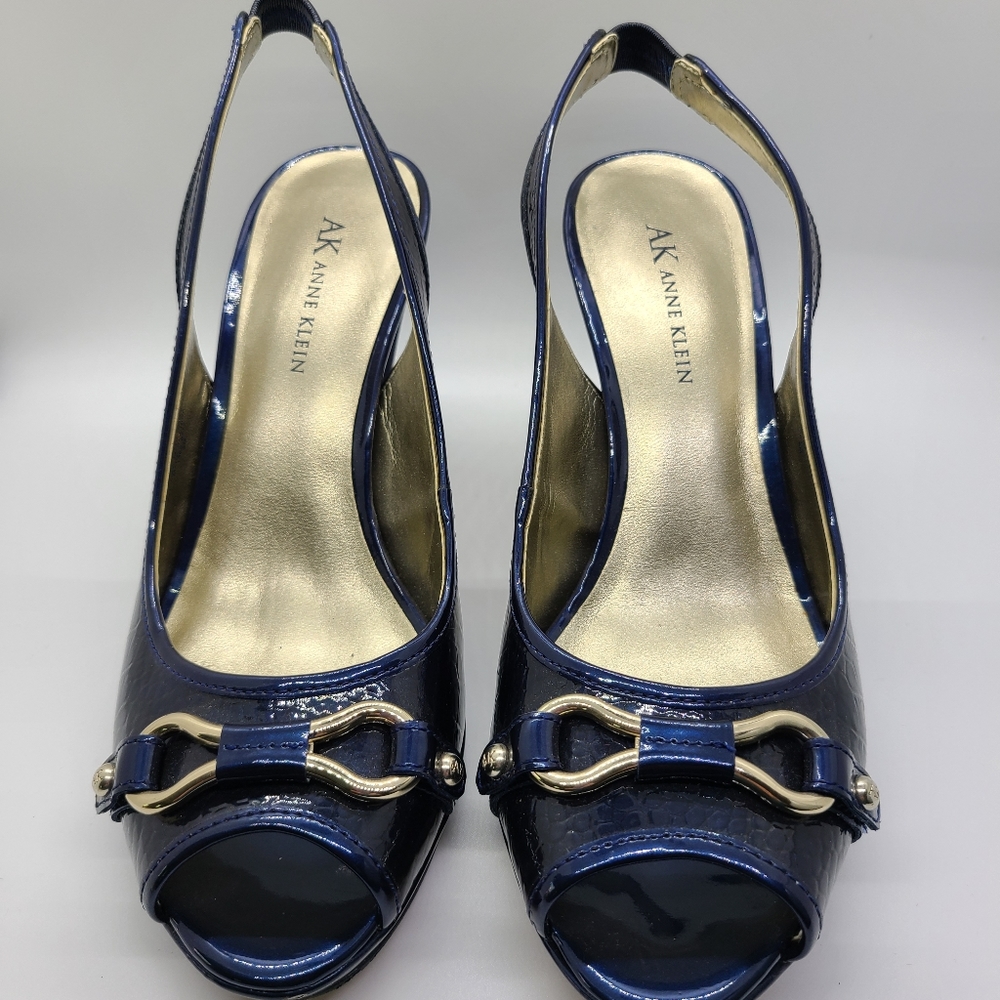Anne Klein Navy Faux Patent Leather Strap Sandals